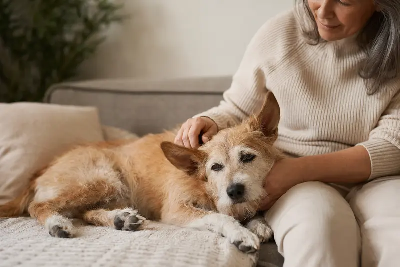 Älterer Podengo Pequeno liegt entspannt auf dem Sofa, während sein Besitzer ihn liebevoll streichelt.