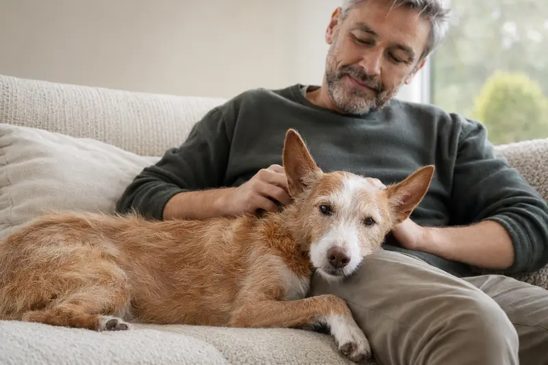 Älterer Podengo Portugues liegt entspannt auf einem Sofa, während sein Besitzer ihn liebevoll streichelt.