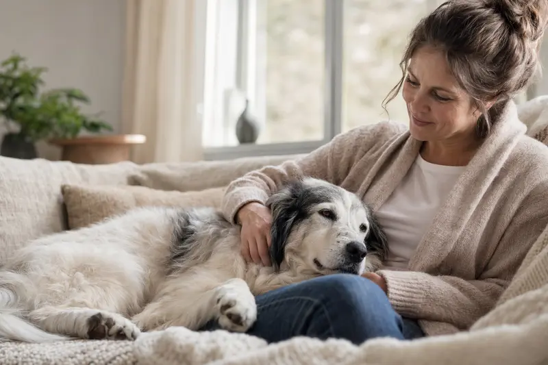 Älterer Podhalaner Hund liegt entspannt auf dem Sofa, während sein Besitzer ihn liebevoll streichelt, als Symbol für Hundegesundheit und Geborgenheit.