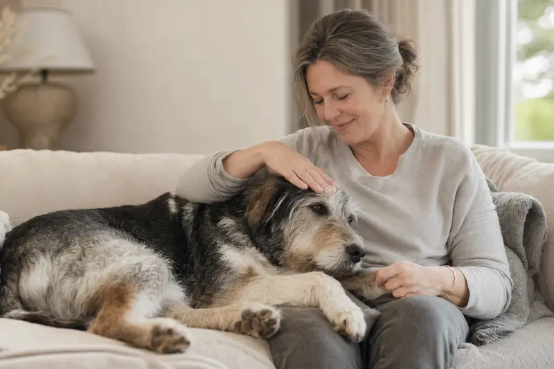 Ein älterer Poitevin Hund liegt entspannt auf einem Sofa, während sein Besitzer ihn liebevoll streichelt.