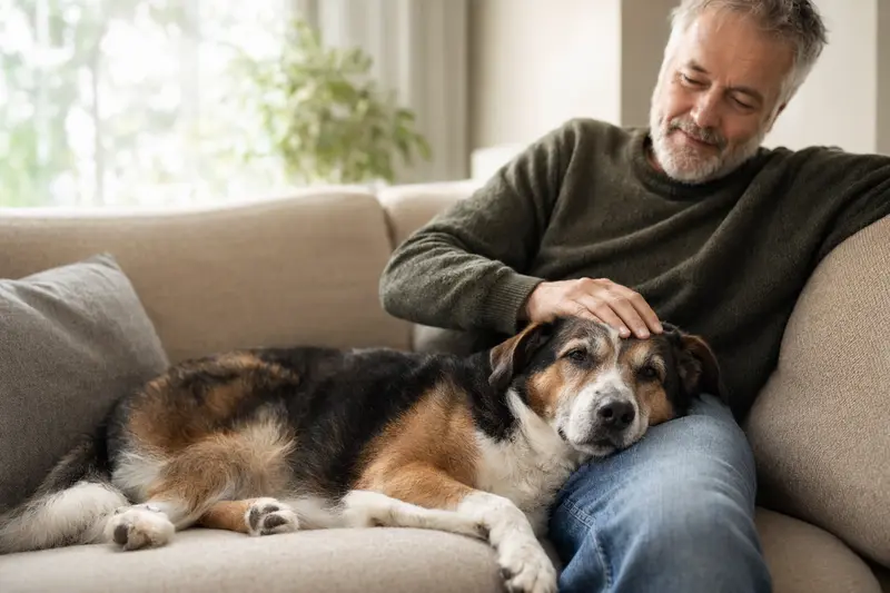 Älterer Poligar Hound Hund liegt entspannt auf einem gemütlichen Sofa, während sein Besitzer ihn liebevoll streichelt.