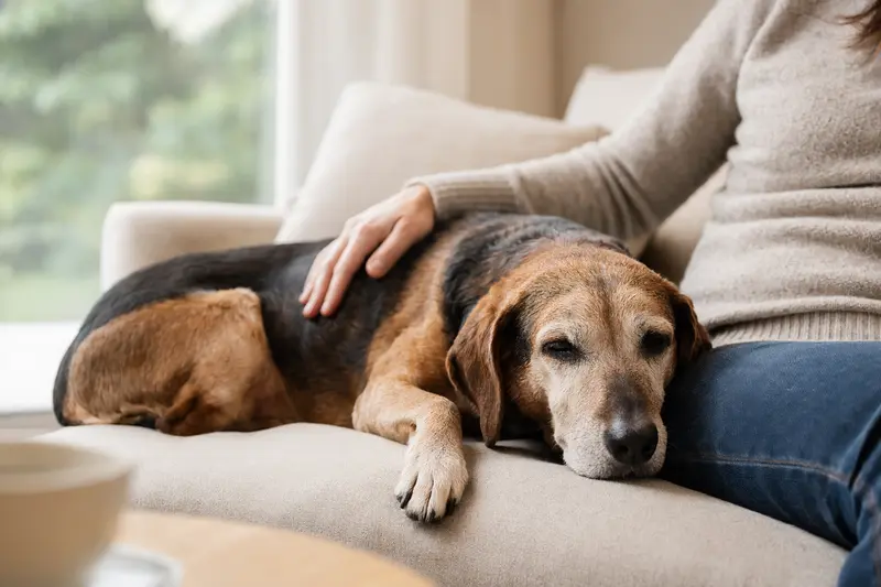 Ein älterer Polnische Bracke Hund entspannt auf einem Sofa, während sein Besitzer ihn liebevoll streichelt.