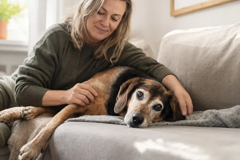Ein älterer Polnischer Laufhund liegt entspannt auf einem Sofa, während sein Besitzer ihn liebevoll streichelt.