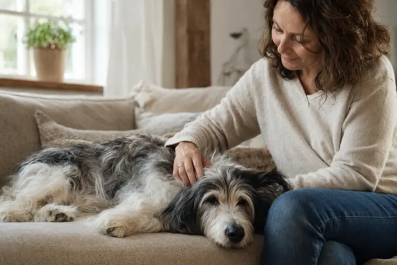 Älterer Polnischer Niederungshütehund liegt entspannt auf dem Sofa, während sein Besitzer ihn liebevoll streichelt.