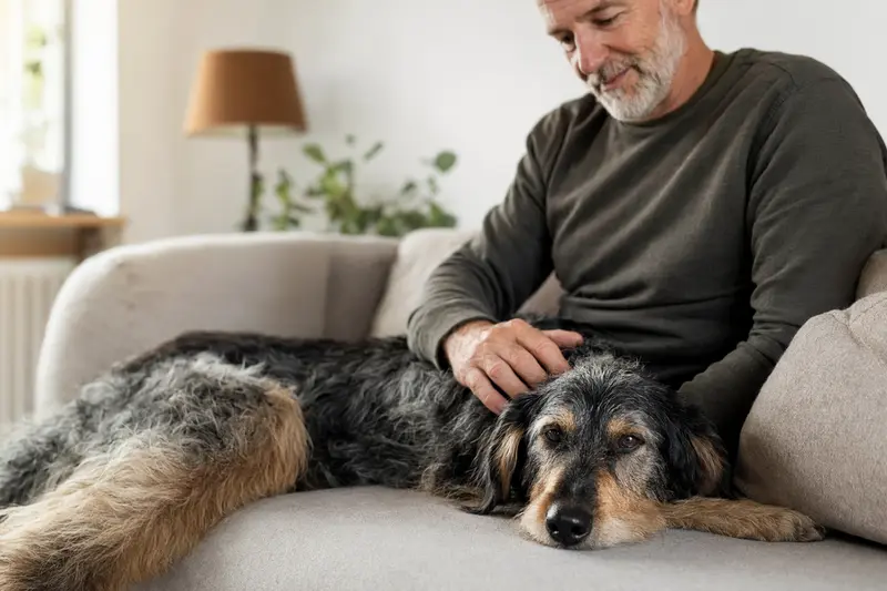 Ein älterer Polnischer Niederungshund liegt entspannt auf einem Sofa, während sein Besitzer ihn liebevoll streichelt.