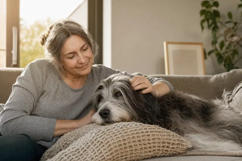 Älterer Polnischer Niederungsschäferhund (PON) liegt entspannt auf einem Sofa, während sein Besitzer ihn liebevoll streichelt.