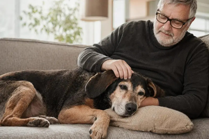 Ein älterer Polnischer Ogar liegt entspannt auf einem gemütlichen Sofa, während sein Besitzer ihn liebevoll streichelt.