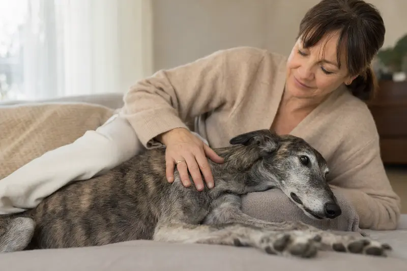 Älterer Polnischer Windhund liegt entspannt auf einem Sofa, während sein Besitzer ihn liebevoll streichelt.
