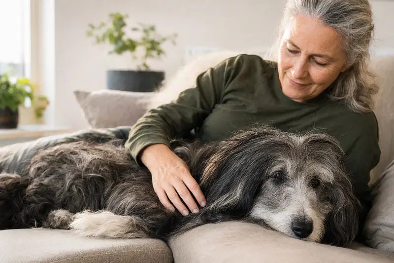 Ein älterer Polski Owczarek Nizinny liegt entspannt auf einem Sofa, während sein Besitzer ihn liebevoll streichelt.