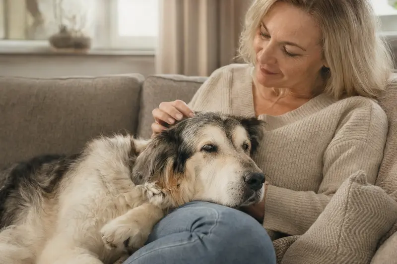 Ein älterer Polski Owczarek Podhalanski liegt entspannt auf einem gemütlichen Sofa, während sein Besitzer ihn liebevoll streichelt.
