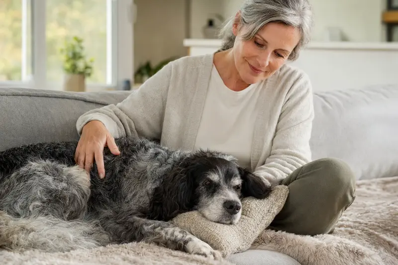 Ein älterer Pont-Audemer-Spaniel liegt entspannt auf dem Sofa, während sein Besitzer ihn liebevoll streichelt.