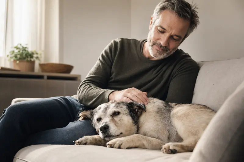 Älterer Porcelaine Hund liegt entspannt auf einem Sofa, während sein Besitzer ihn liebevoll streichelt.