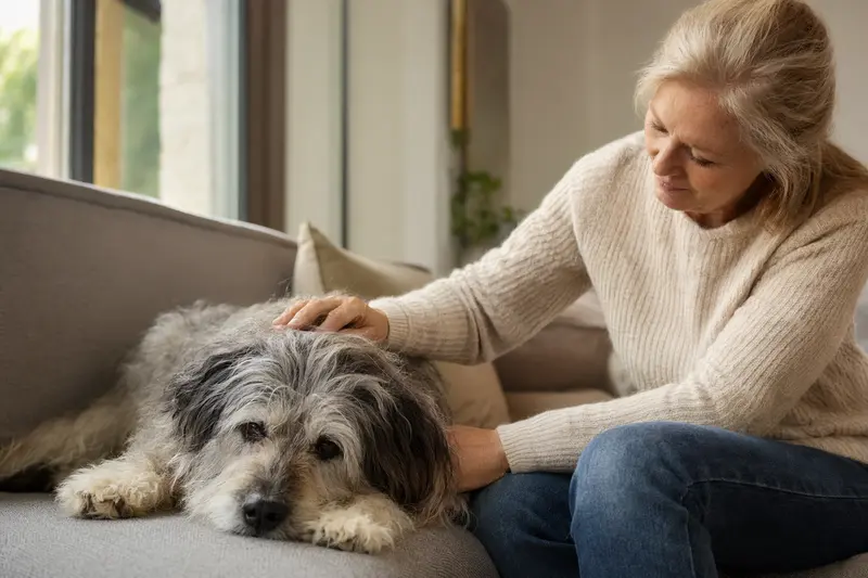 Ein älterer Portugiesischer Hirtenhund liegt entspannt auf einem Sofa, während sein Besitzer ihn liebevoll streichelt.