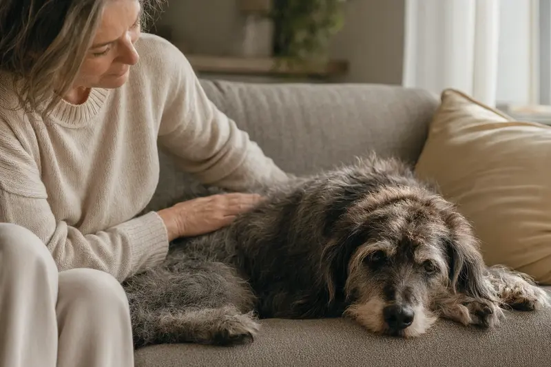 Ein älterer Portugiesischer Hühnerhund liegt entspannt auf einem gemütlichen Sofa, während sein Besitzer ihn liebevoll streichelt.