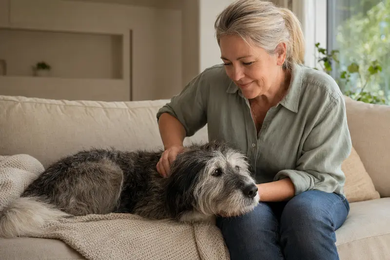 Älterer Portugiesischer Schäferhund liegt entspannt auf dem Sofa, während sein Besitzer ihn liebevoll streichelt.