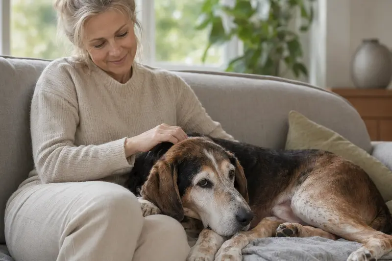 Ein älterer Posavatz Laufhund liegt entspannt auf einem Sofa, während sein Besitzer ihn liebevoll streichelt.