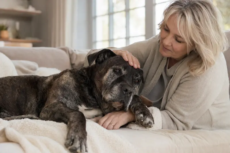 Ein älterer Presa Canario Hund liegt entspannt auf einem gemütlichen Sofa, während sein Besitzer ihn liebevoll streichelt.