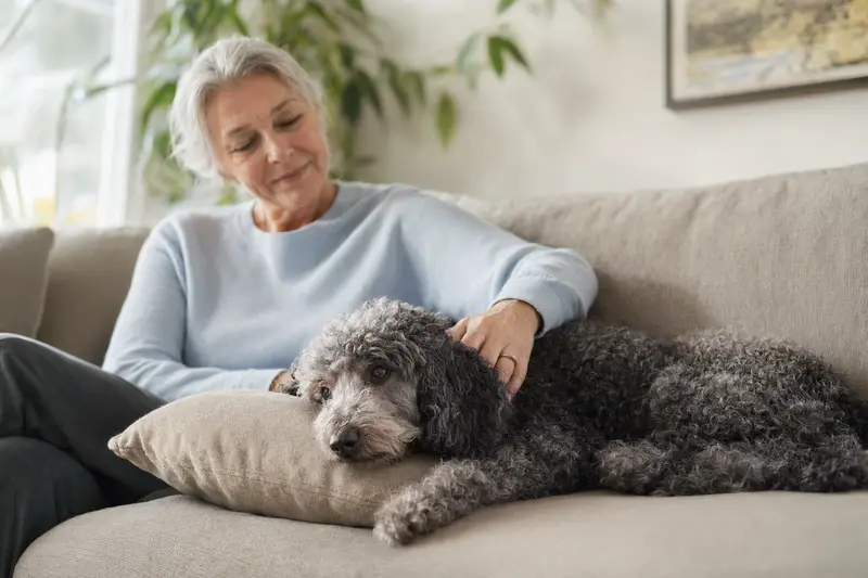Ein älterer Pudel entspannt auf einem Sofa, während sein Besitzer ihm liebevoll den Kopf streichelt.