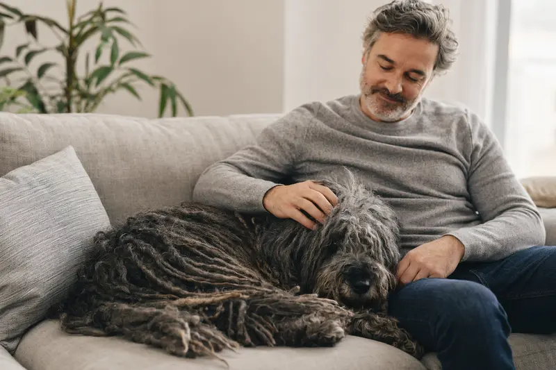 Ein älterer Puli Hund liegt entspannt auf dem Sofa, während sein Besitzer ihn liebevoll streichelt.