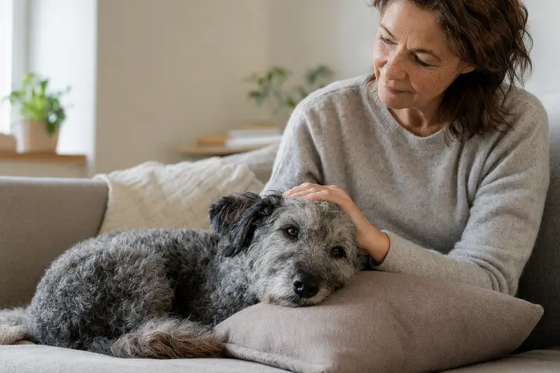 Ein älterer Pumi Hund liegt entspannt auf einem Sofa, während sein Besitzer ihn liebevoll streichelt.