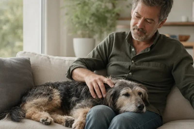 Ein älterer Puwo Hund liegt entspannt auf einem Sofa, während ihn sein Besitzer liebevoll streichelt – ein ruhiges Bild für Fürsorge und Sicherheit im Zuhause.