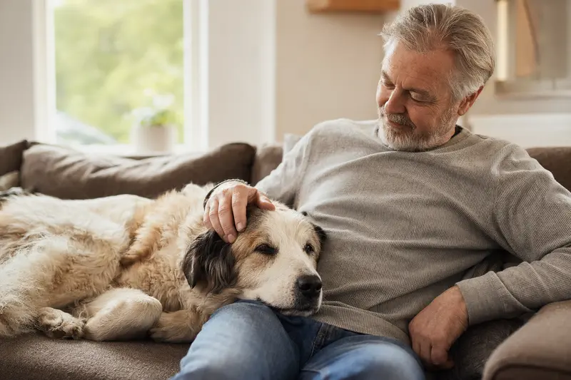 Ein älterer Pyrenäenhund liegt entspannt auf einem Sofa, während sein Besitzer ihn liebevoll streichelt, was die Bedeutung von Fürsorge und Hundegesundheit im Alltag zeigt.