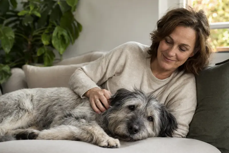 Ein älterer Pyrenäenschäferhund liegt entspannt auf dem Sofa, während sein Besitzer ihn liebevoll streichelt.