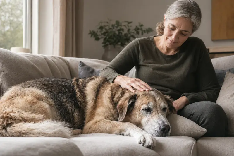 Ein älterer Pyrenäen-Mastiff liegt entspannt auf einem Sofa, während sein Besitzer ihn liebevoll streichelt, was eine sichere und fürsorgliche Wohnatmosphäre vermittelt.