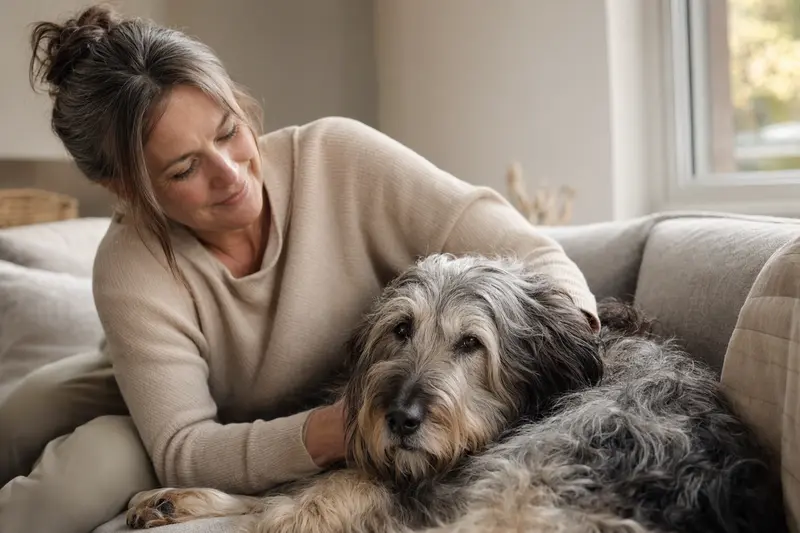 Älterer Pyrenäen-Schäferhund liegt entspannt auf dem Sofa, während sein Besitzer ihn liebevoll streichelt.