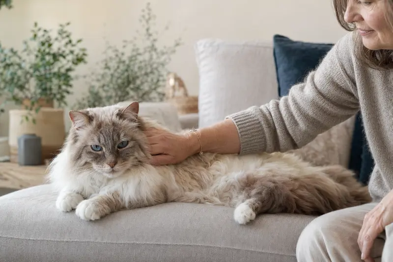 Eine ältere Ragdoll Katze liegt entspannt auf einem gemütlichen Sofa, während ihr Besitzer sie liebevoll streichelt und eine warme Lichtstimmung den Raum durchflutet.