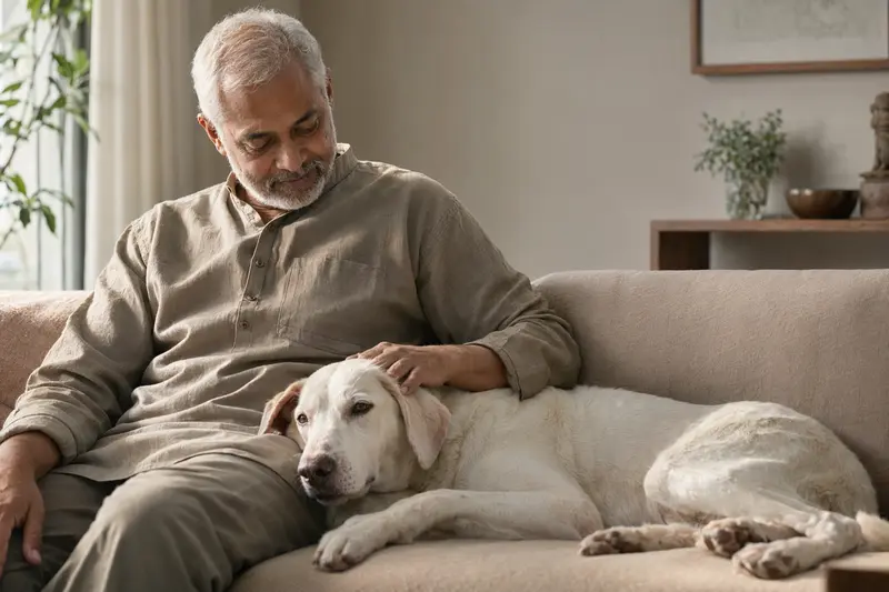 Ein älterer Rajapalayam Hund liegt entspannt auf einem Sofa, während sein Besitzer ihn liebevoll streichelt.