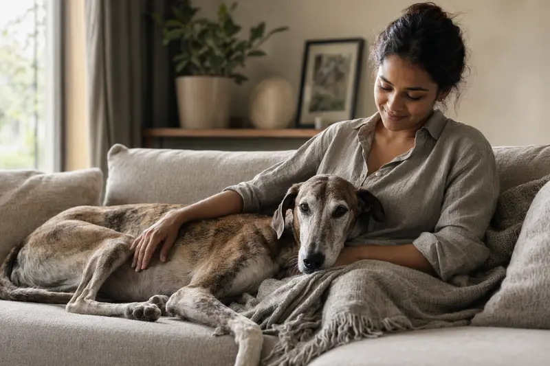 Ein älterer Rampur-Hound-Hund liegt entspannt auf einem Sofa, während sein Besitzer ihn liebevoll streichelt.