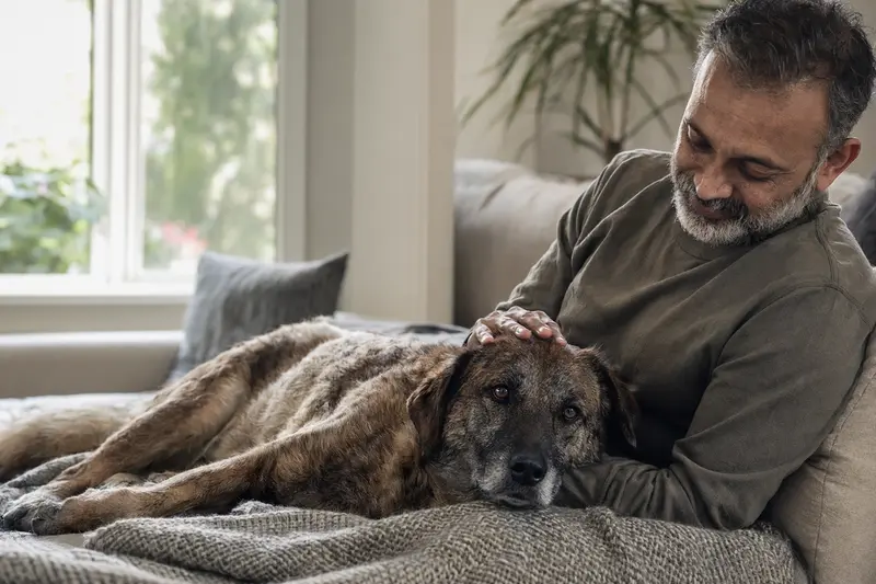 Ein älterer Rampuri Hund liegt entspannt auf einem gemütlichen Sofa, während sein Besitzer ihn liebevoll streichelt.