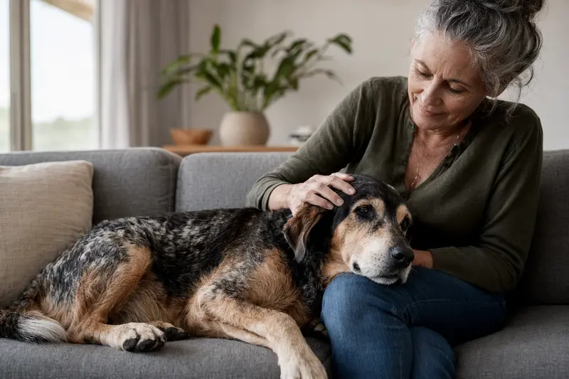 Ein älterer Rastreador Brasileiro liegt entspannt auf einem Sofa, während sein Besitzer ihn liebevoll streichelt und damit Geborgenheit und Sicherheit vermittelt.
