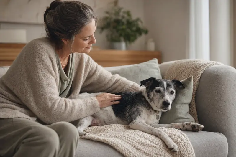 Älterer Rat Terrier liegt entspannt auf einem Sofa, während sein Besitzer ihn liebevoll streichelt – eine ruhige Szene rund um Hundegesundheit und Geborgenheit.
