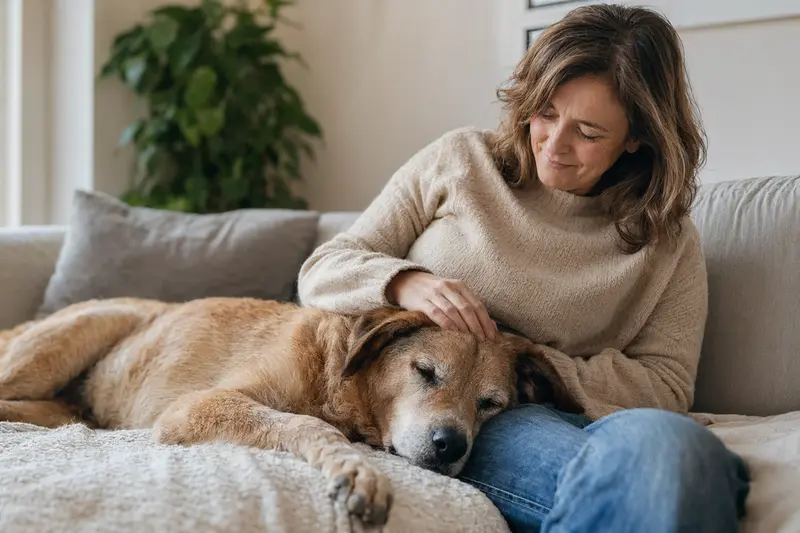 Älterer Rater Mallorqui Hund entspannt auf dem Sofa, während sein Besitzer ihn liebevoll streichelt, als Symbol für Fürsorge und Sicherheit.