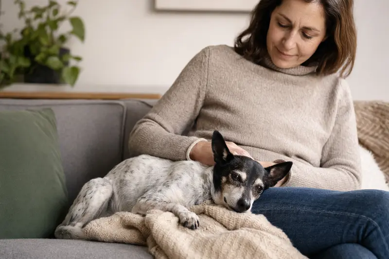 Ein älterer Ratonero Mallorquin Hund liegt entspannt auf einem gemütlichen Sofa, während sein Besitzer ihn liebevoll streichelt.