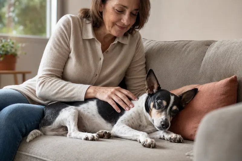 Ein älterer Ratonero Valenciano liegt entspannt auf einem Sofa, während sein Besitzer ihn liebevoll streichelt – ein Bild für Fürsorge und Geborgenheit mit Hund.