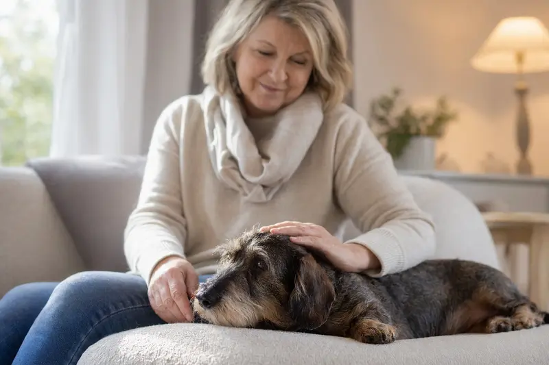 Ein älterer Rauhaardackel liegt entspannt auf einem Sofa, während sein Besitzer ihn liebevoll streichelt.