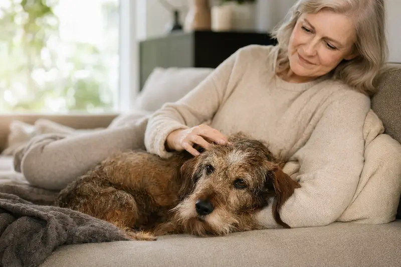 Ein älterer Rauhhaarige Istrianer Bracke Hund liegt entspannt auf einem Sofa, während sein Besitzer ihn liebevoll streichelt.