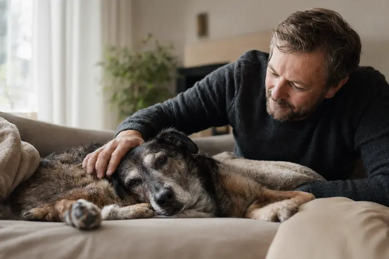 Älterer Rehrattler Hund liegt entspannt auf einem Sofa, während sein Besitzer ihn liebevoll streichelt.