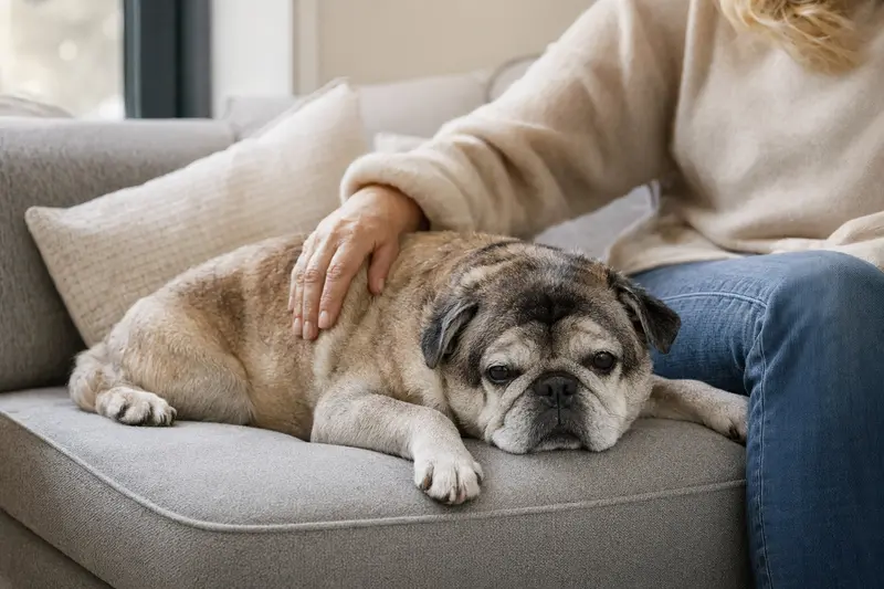 Ein älterer Mops liegt entspannt auf dem Sofa, während sein Besitzer ihn liebevoll streichelt, was die Bedeutung von Fürsorge und Hundegesundheit im Zuhause unterstreicht.