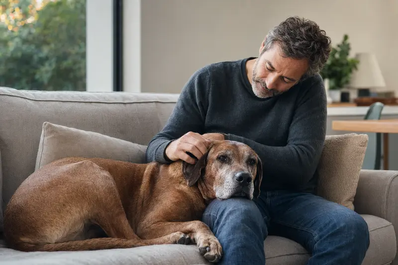 Älterer Rhodesian Ridgeback liegt entspannt auf einem Sofa, während sein Besitzer ihn liebevoll streichelt.