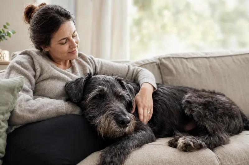 Ein älterer Riesenschnauzer liegt entspannt auf einem Sofa, während sein Besitzer ihn liebevoll streichelt und so Fürsorge und Sicherheit im Zuhause vermittelt.
