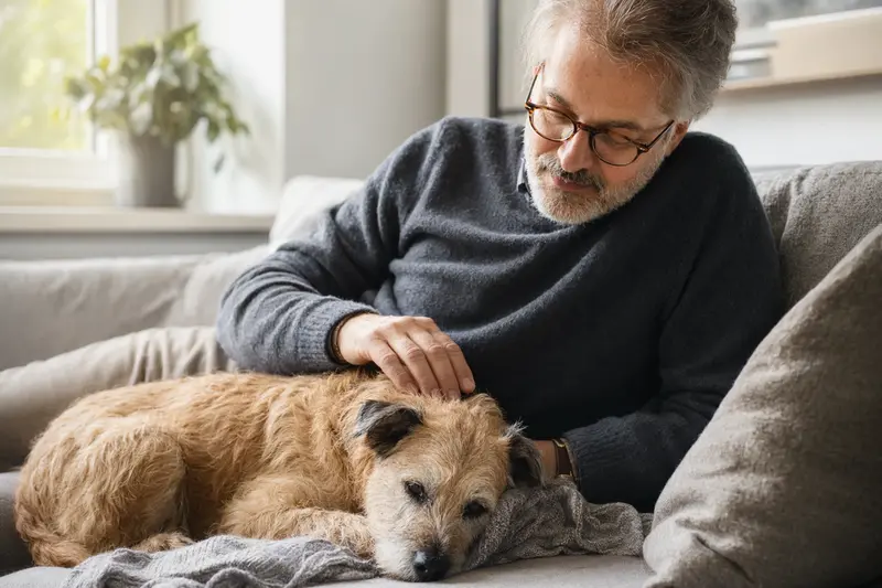 Ein älterer Roseneath Terrier liegt entspannt auf einem Sofa, während sein Besitzer ihn liebevoll streichelt.