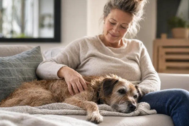 Älterer Rothbury Terrier liegt entspannt auf einem Sofa, während sein Besitzer ihn liebevoll streichelt, als Symbol für Hundegesundheit und Fürsorge zu Hause.