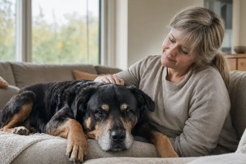 Älterer Rottweiler liegt entspannt auf einem Sofa, während sein Besitzer ihn liebevoll streichelt.