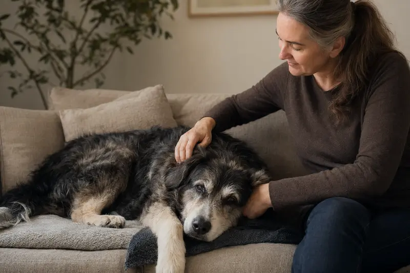 Ein älterer Rumänischer Hirtenhund liegt entspannt auf einem Sofa, während sein Besitzer ihn liebevoll streichelt.