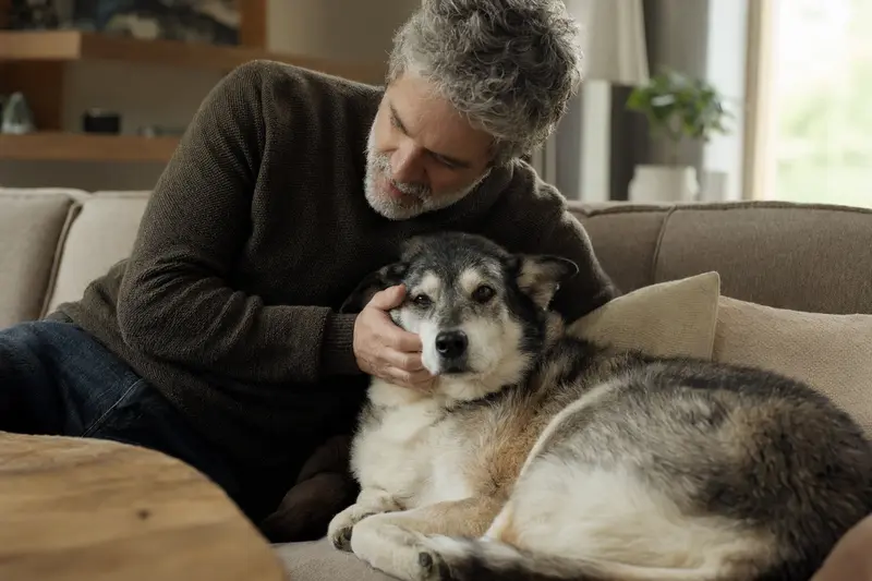 Ein älterer Russisch-Europäische Laika Hund liegt entspannt auf einem Sofa, während sein Besitzer ihn liebevoll streichelt.