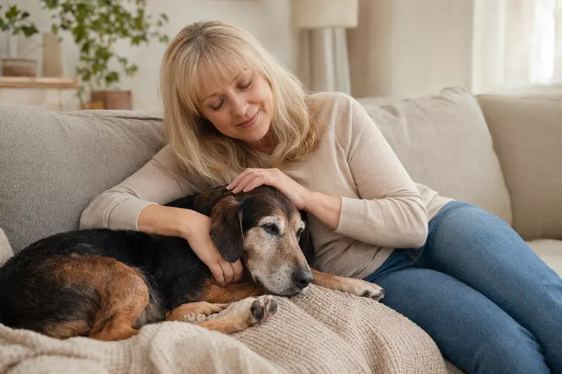 Älterer Russische Bracke Hund liegt entspannt auf einem gemütlichen Sofa, während sein Besitzer ihn liebevoll streichelt, eine Szene von Fürsorge und Sicherheit im warmen Zuhause.